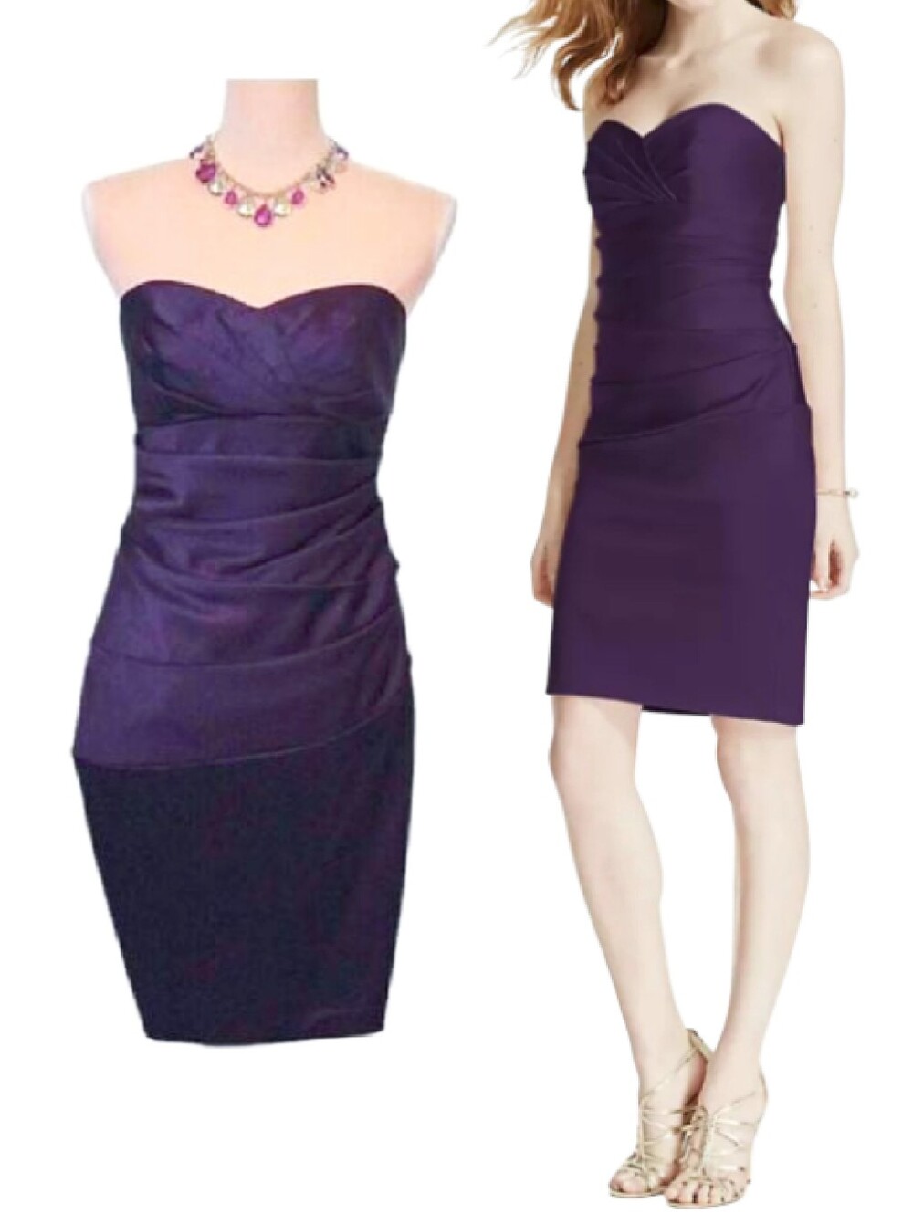 David's Bridal Purple Satin Ruched Strapless Formal Mini Dress SZ 8 Prom Wedding
